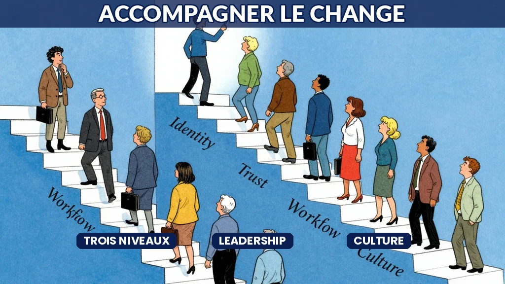 Un groupe d'employés montant des escaliers progressifs ensemble vers une nouvelle méthode IA, guidés par un leader