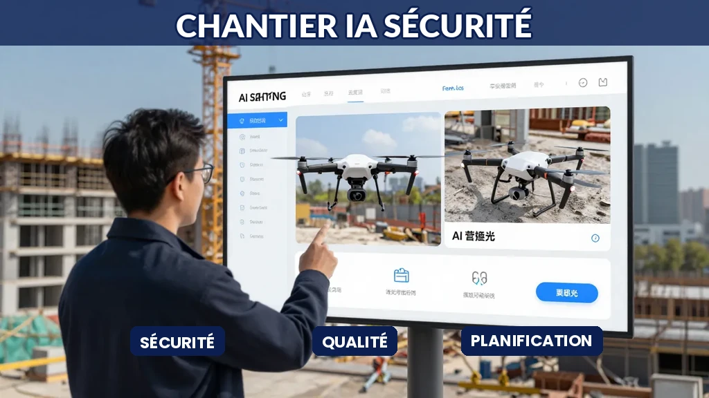 Drone de chantier analysant risques sécurité, progression travaux et détection défauts en temps réel