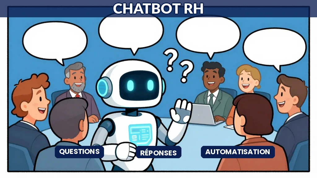 Un robot conversationnel stylisé répondant à des bulles de questions posées par des collaborateurs souriants, dans un environnement numérique clair et accueillant