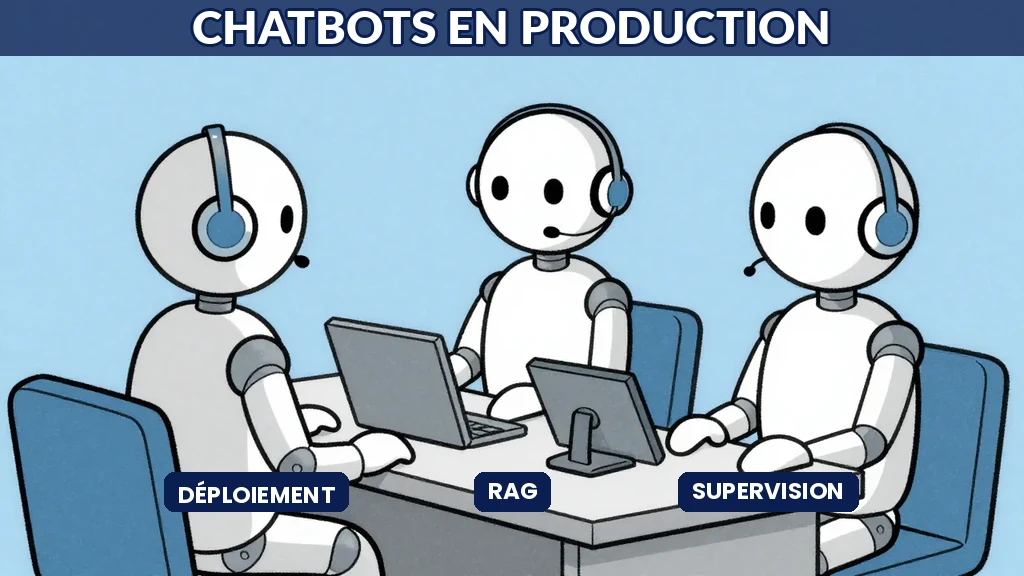 Illustration Sempé montrant un agent conversationnel interconnecté à des ressources, design épuré bleus et gris