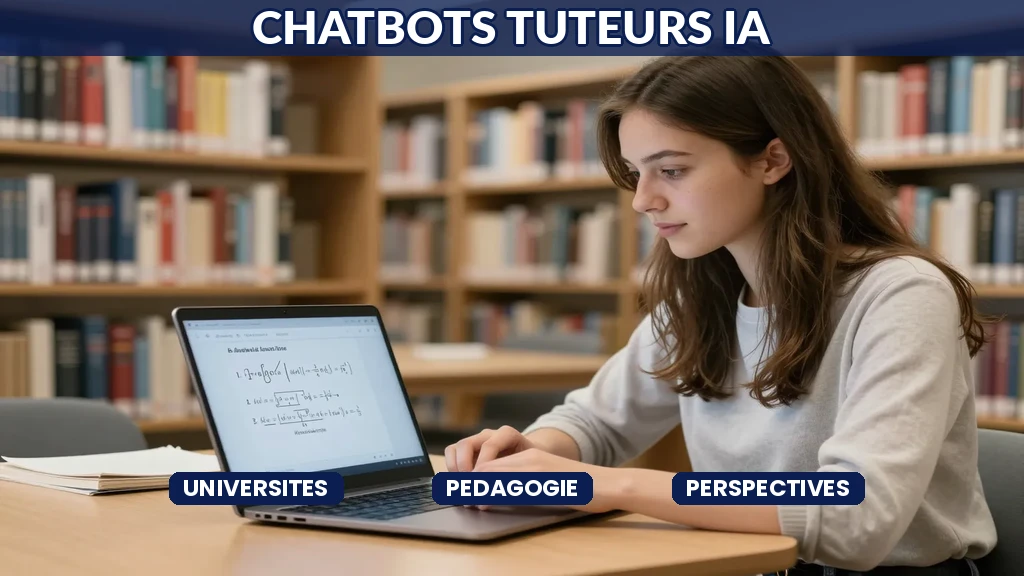 Etudiante francaise installee dans une bibliotheque universitaire moderne interagissant avec un chatbot tuteur pilote par IA pour reviser un cours de mathematiques avancees