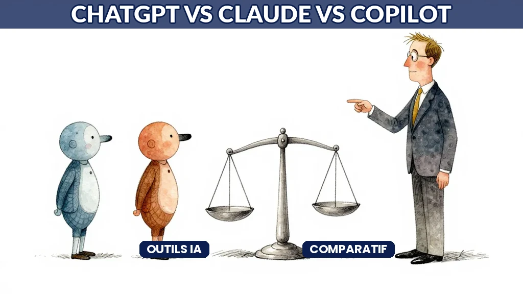 Trois symboles représentant ChatGPT, Claude et Copilot avec des éléments de comparaison détaillés