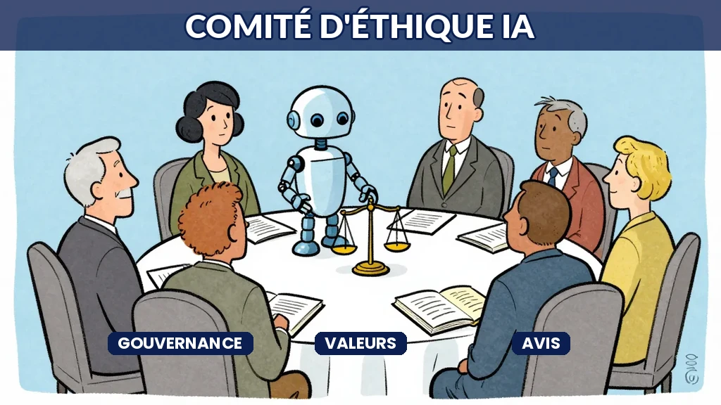 Groupe réuni autour d'une table ronde avec symbole d'équilibre éthique, cartoon Sempé, tons bleus et verts teintés sagesse.