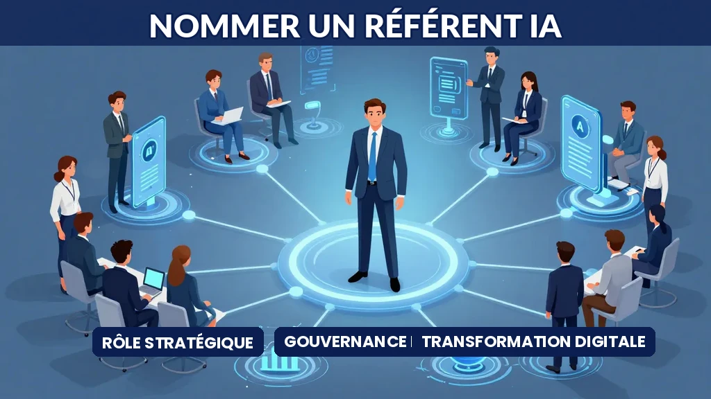 Illustration montrant un professionnel au centre d'un réseau d'équipes et de technologie, symbolisant le rôle de référent IA en entreprise