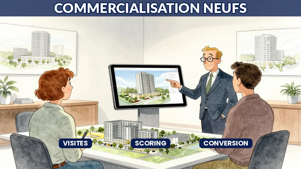 Promoteur immobilier français présentant un programme neuf à des acheteurs avec une interface IA de visite virtuelle et de recommandation de lots