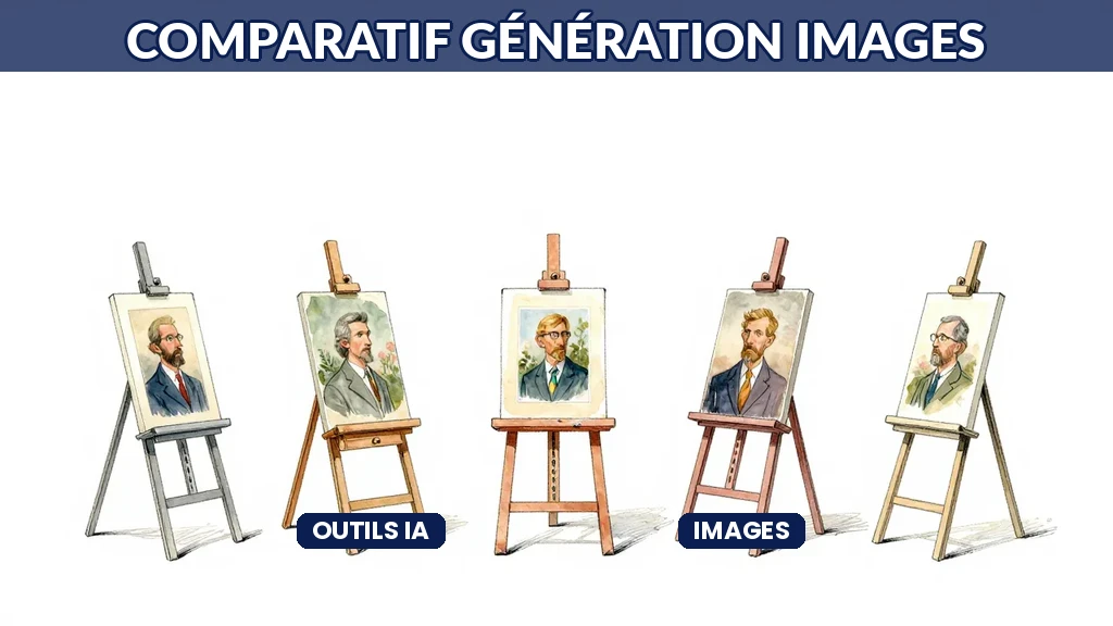 Artiste comparant différents outils de génération d'images IA sur des chevalets