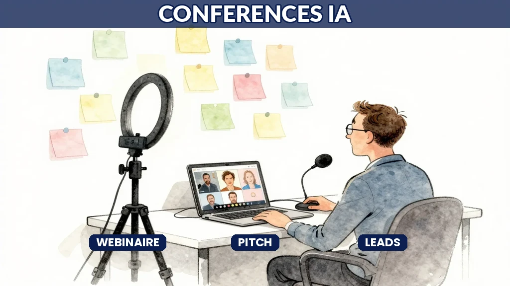 Consultant français animant un webinaire sur l'intelligence artificielle depuis son bureau avec caméra, micro et écran de participants