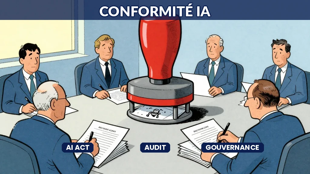 Diagramme de conformité avec checkboxes validées, serveurs sécurisés et équipes de contrôle qualité