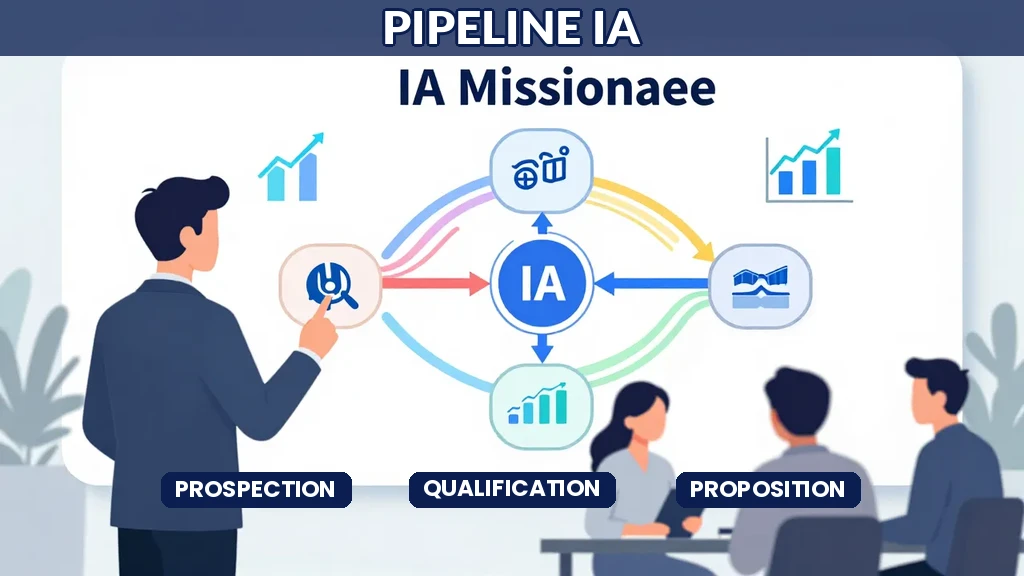 Consultant en IA construisant une représentation visuelle d'un pipeline de missions complexe avec des flux de données colorés
