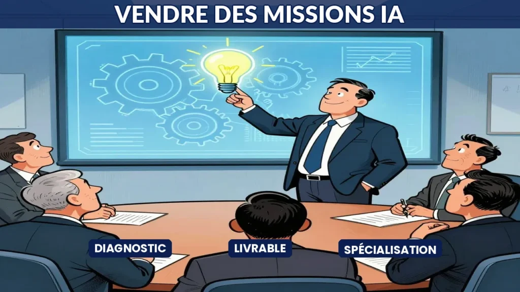 Illustration consultant présentant une mission IA à un dirigeant