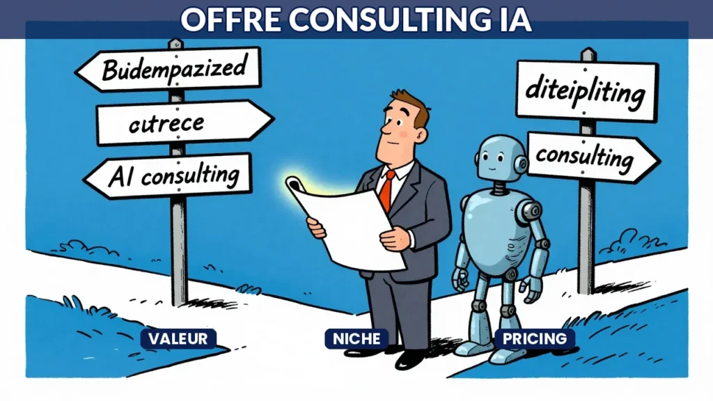 Illustration caricaturale d'un consultant à un carrefour stratégique avec un robot partenaire, symbolisant la construction d'une offre consulting IA
