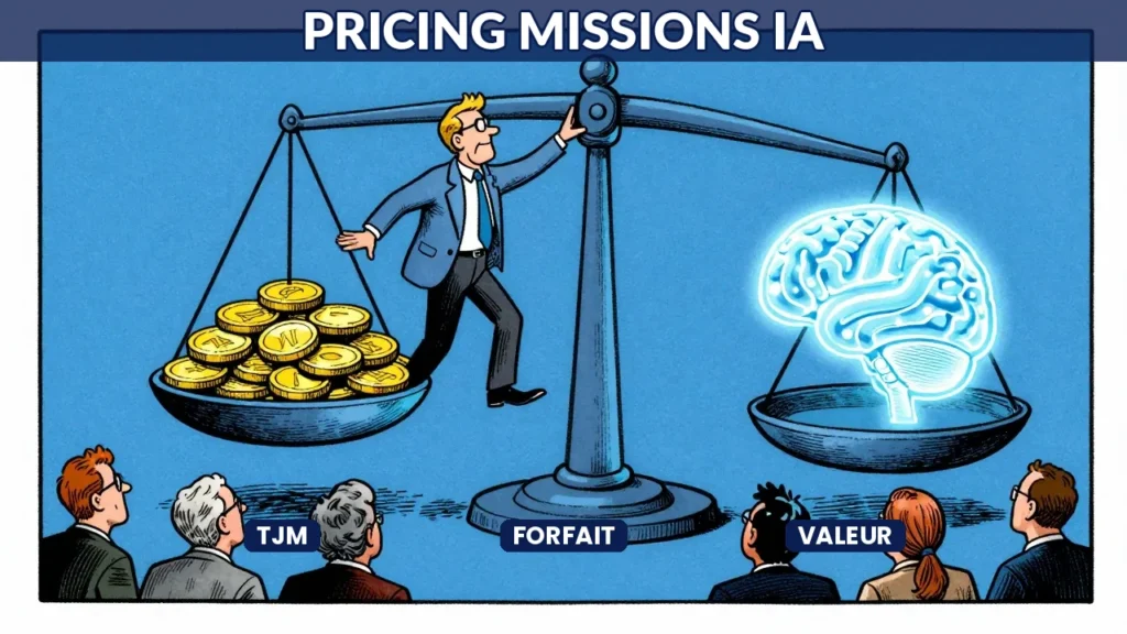 Illustration caricaturale d'un consultant sur une balance géante équilibrant pièces d'or et cerveau IA, symbolisant le pricing des missions consulting IA