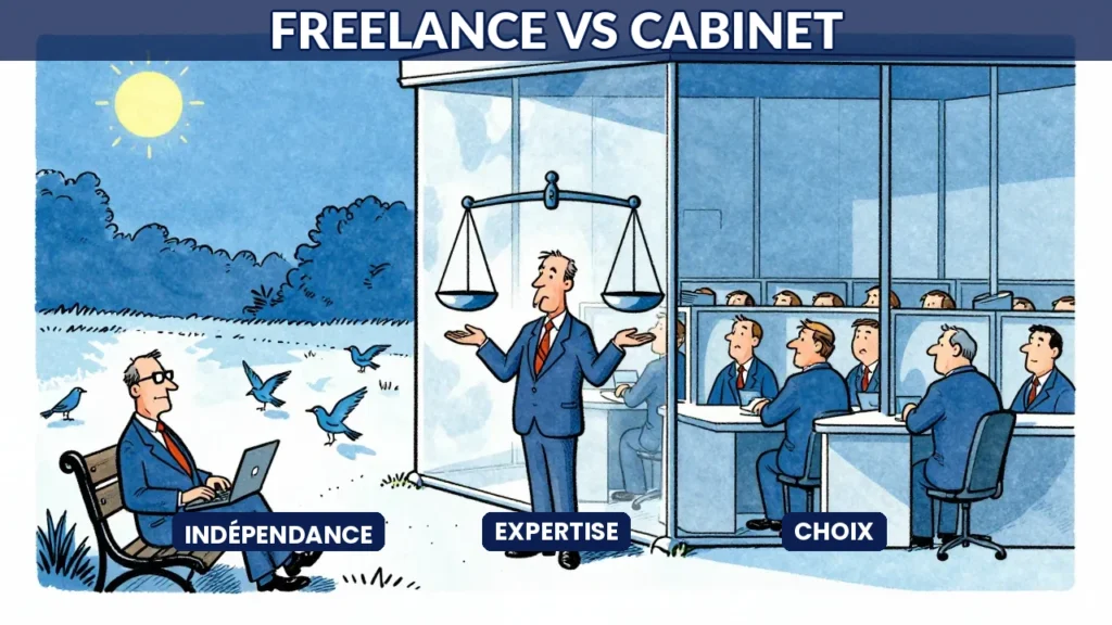 Illustration caricaturale comparant un consultant IA freelance libre sur un banc avec laptop et des consultants en costume dans un immeuble de bureau