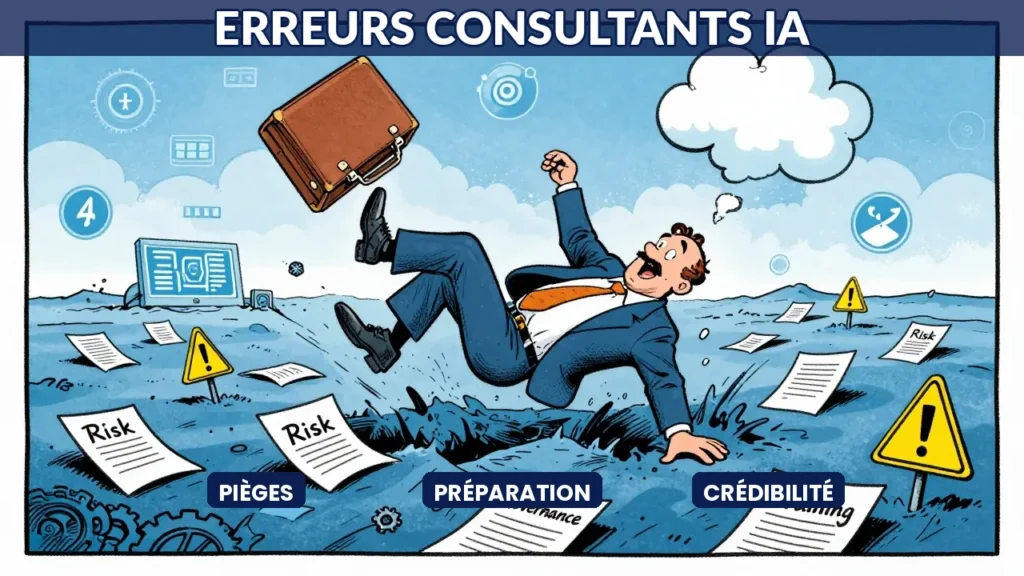 Illustration humoristique : consultant trébuchant dans un champ de mines symbolisant les erreurs fatales en IA
