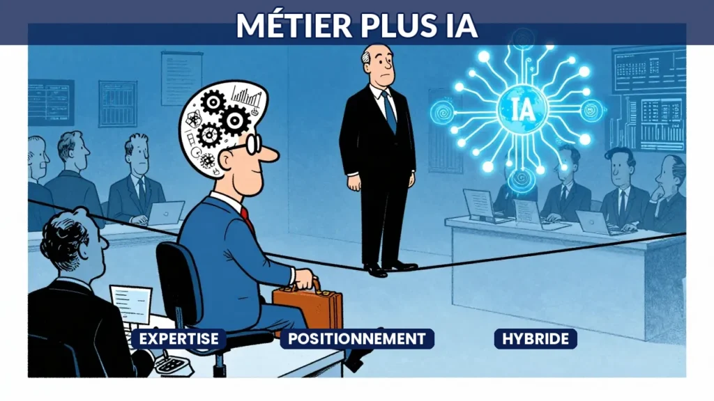 Illustration humoristique : consultant à mi-chemin entre expertise métier et compétences IA dans son positionnement hybride