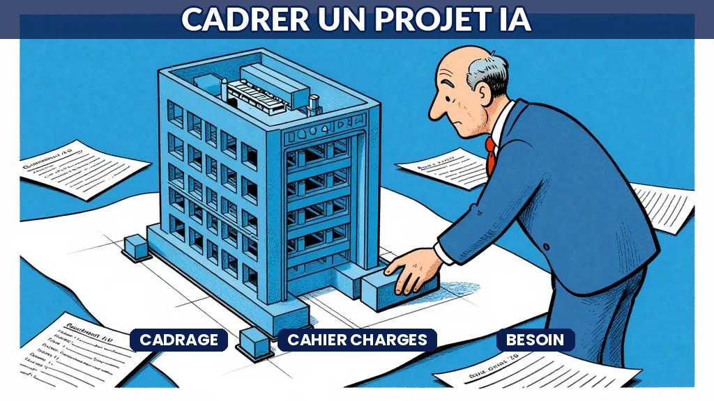 Consultant étudiant un plan complexe de projet IA avec documents exigences éparpillés