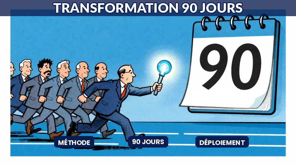Course relais consultant passant bâton IA lumineux à équipe avec compte à rebours 90 jours