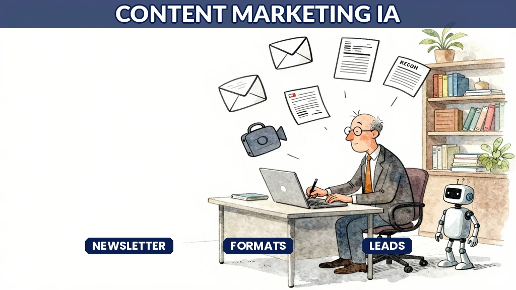 Consultant français produisant du content marketing IA avec blog, newsletter et réseaux sociaux pour générer des leads qualifiés