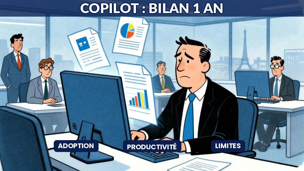 Dirigeant français utilisant Microsoft Copilot pour analyser des documents professionnels au bureau