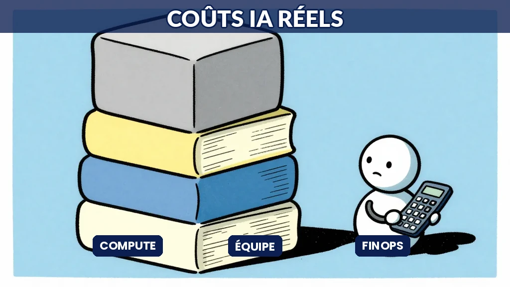 Illustration Sempé montrant une pyramide de coûts IA en couches colorées avec des indicateurs d'alerte budgétaire, tons bleus structurés