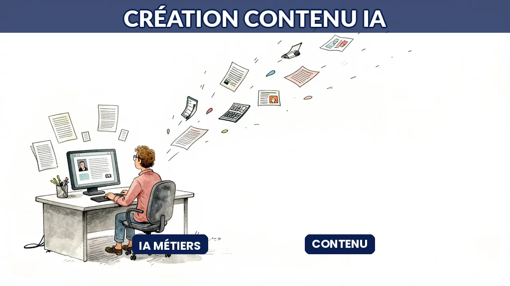 Marketeur créant du contenu assisté par IA avec articles et posts en flux