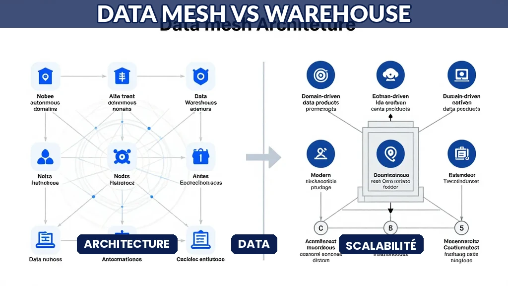Deux architectures côte à côte : data warehouse centralisé et data mesh décentralisé