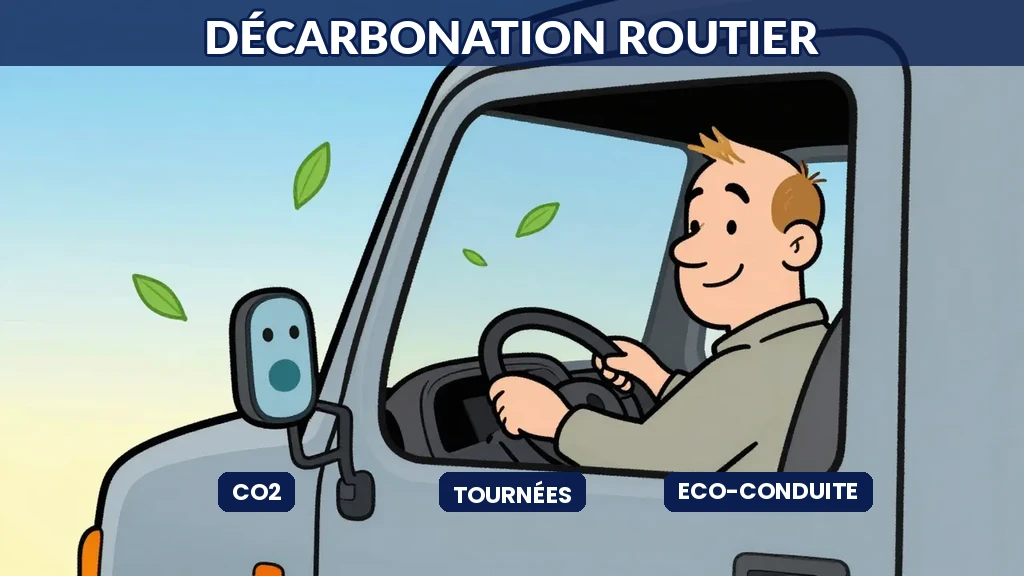 Illustration Sempé : camions modernes sur route avec graphiques de consommation, feuillage vert dégradé bleu