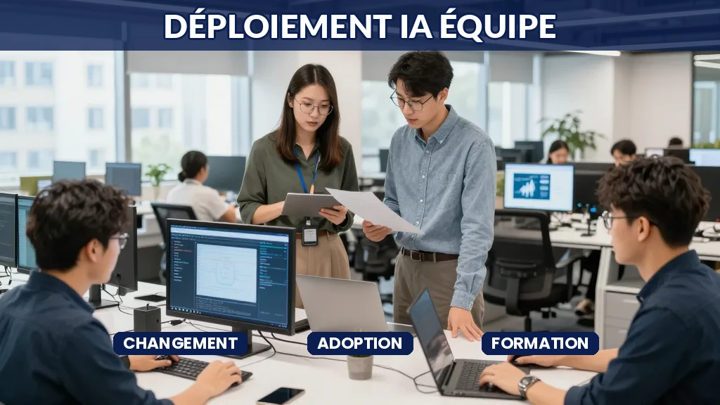Équipe collaborant avec outils IA, formation en cours, ordinateurs affichant interfaces IA, engagement collectif