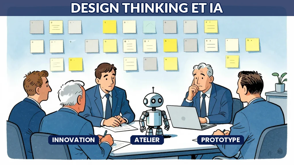 Illustration éditoriale Sempé en tons bleus : deux consultants autour d'un tableau blanc dessinant le double diamant avec des post-its colorés.