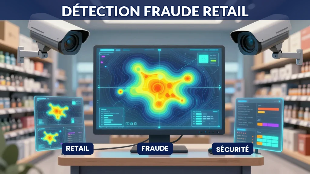 Illustration d'un système de surveillance avec détection de fraude en magasin, caméras et analyses visuelles