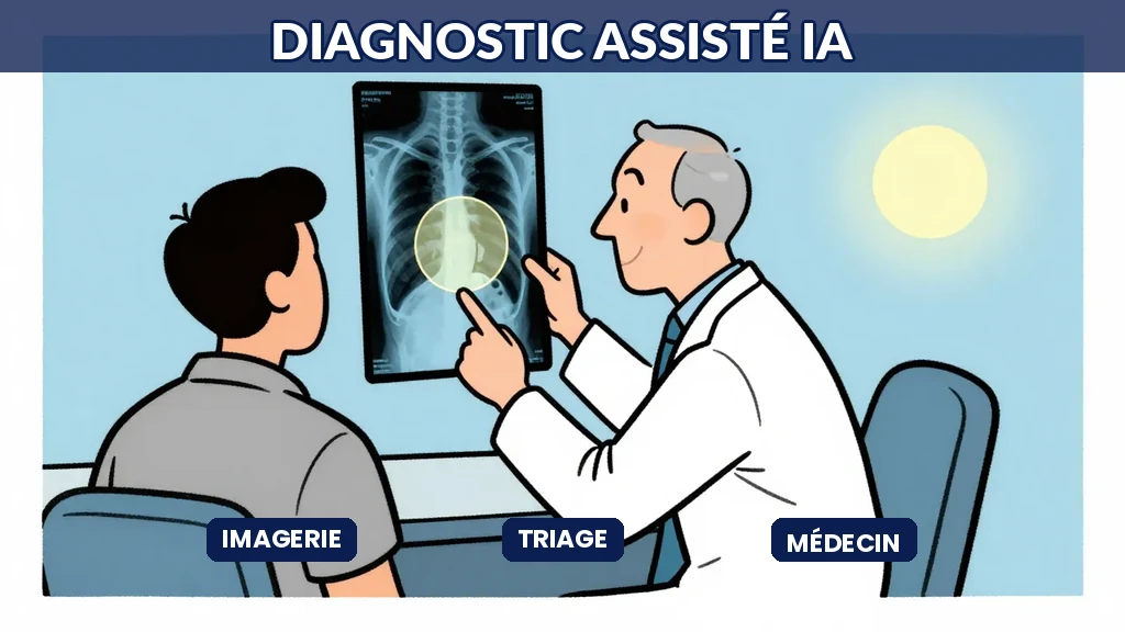 Illustration Sempé : médecin avec écran montrant imagerie, données superposées bleu ciel, tons professionnels