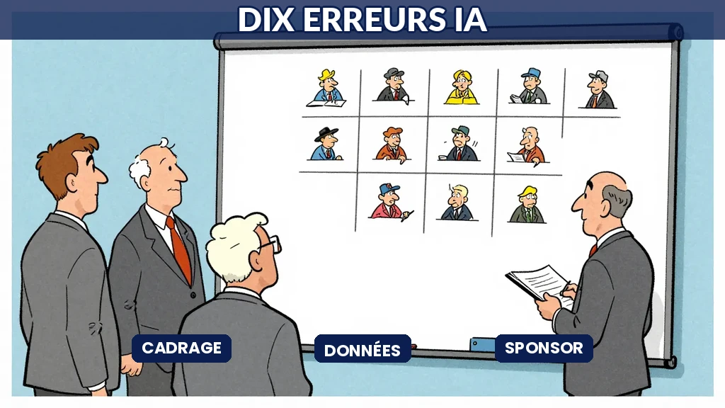 Illustration Sempé groupe réuni table erreurs rouges bleus gris