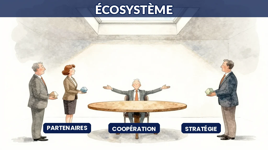 Dirigeant français animant une réunion avec plusieurs partenaires IA intégrateurs éditeurs et consultants pour construire un écosystème autour de sa stratégie d'intelligence artificielle