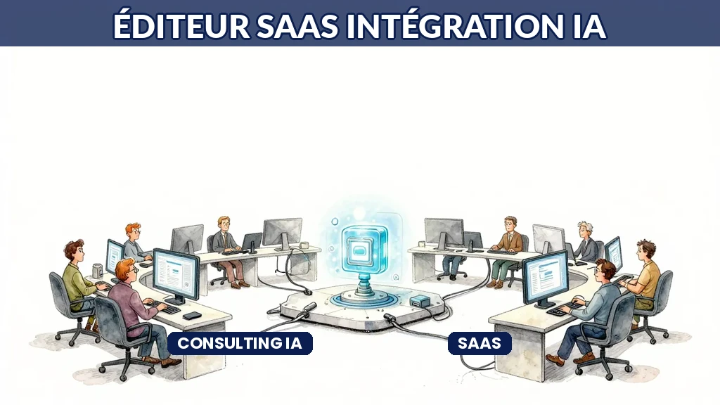 Développeurs intégrant des modules IA dans une plateforme SaaS