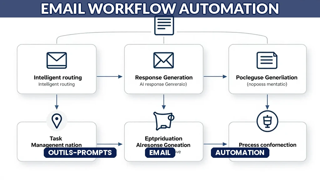 Flux de traitement email automatisé montrant IA triage categorisation routing