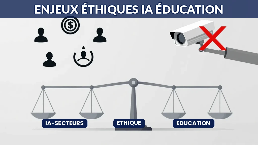 Représentation graphique des enjeux éthiques IA-éducation: biais, surveillance, équité, transparence, autonomie