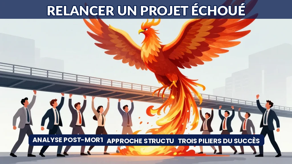 Équipe traversant un pont au-dessus d'un gouffre, symbolisant la relance réussie d'un projet IA difficile