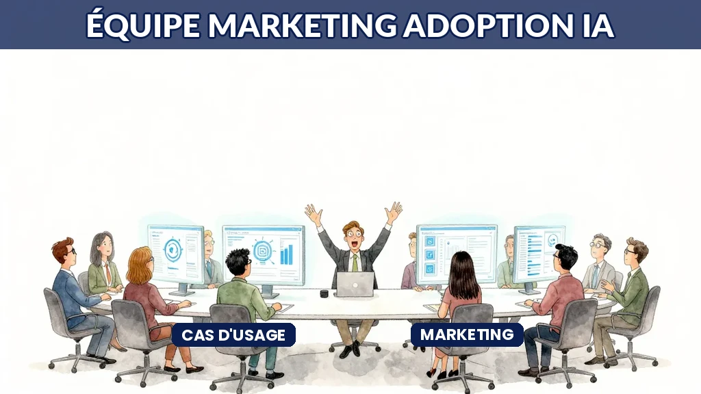Équipe marketing collaborant devant écrans affichant dashboards et outils IA