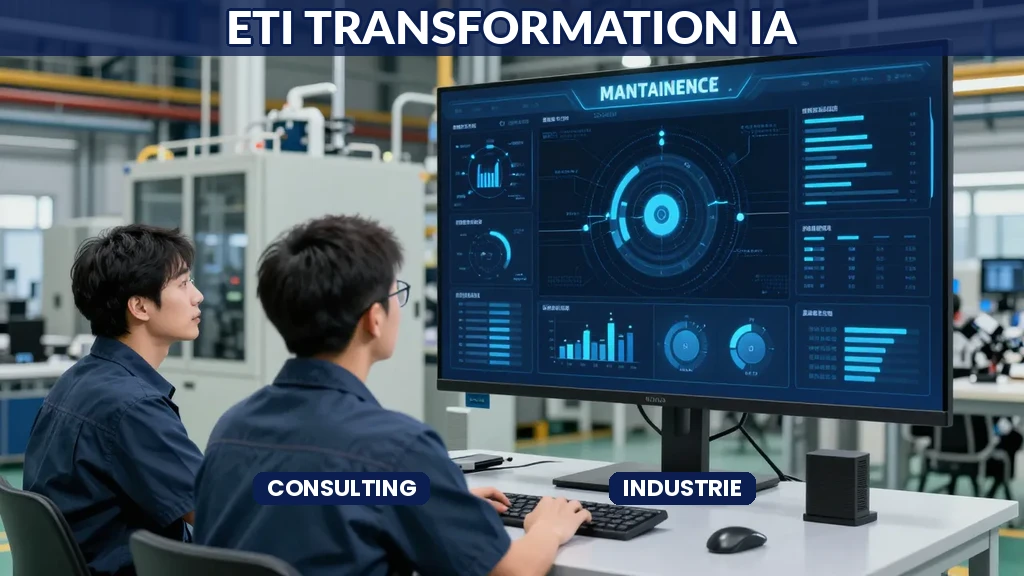 Usine avec techniciens visualisant dashboard IA de maintenance prédictive en temps réel