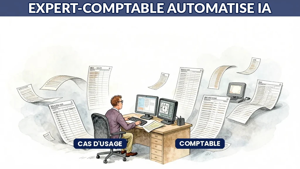 Expert-comptable entouré de workflows IA automatisant factures et documents