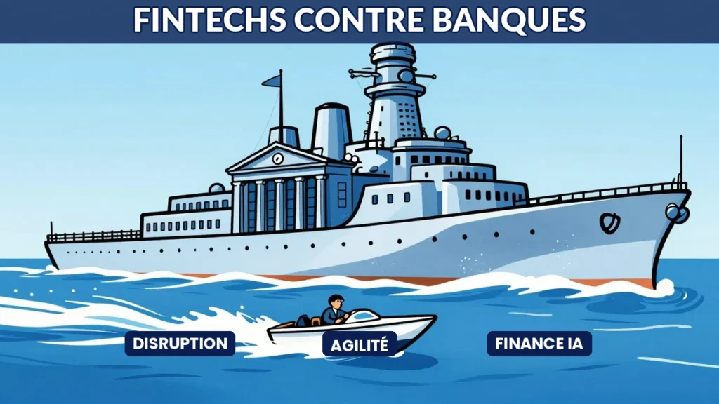 Fintechs IA face aux banques traditionnelles - course entre speedboat et navire