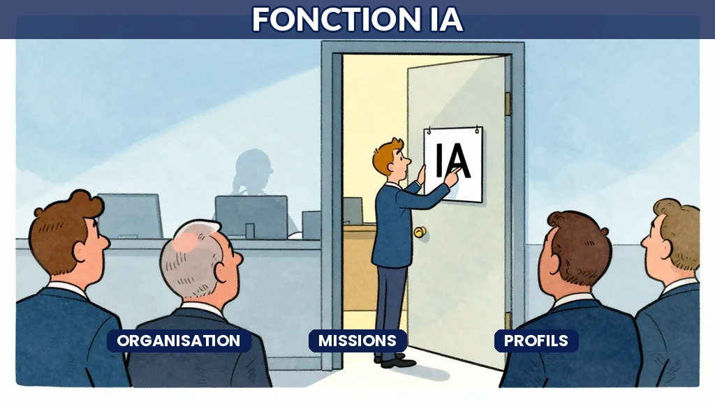 Organigramme stylisé avec pôles IA interconnectés, cartoon Sempé, architecture organisationnelle en tons bleus.