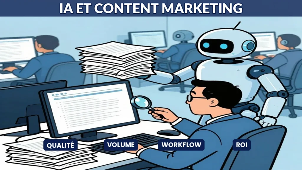 Illustration équipe marketing assistée par IA pour produire du contenu de qualité