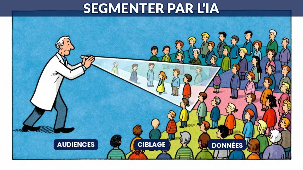Illustration caricaturale d'un prisme IA séparant une foule en micro-segments colorés pour la segmentation marketing