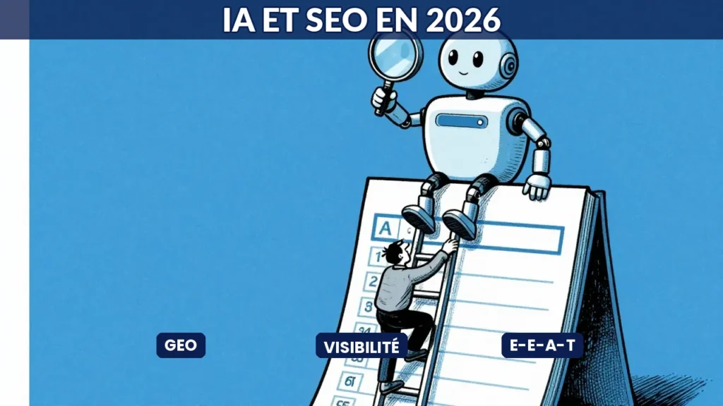 Illustration caricaturale d'un personnage escaladant une page de résultats de recherche tandis qu'un robot IA réorganise le classement SEO