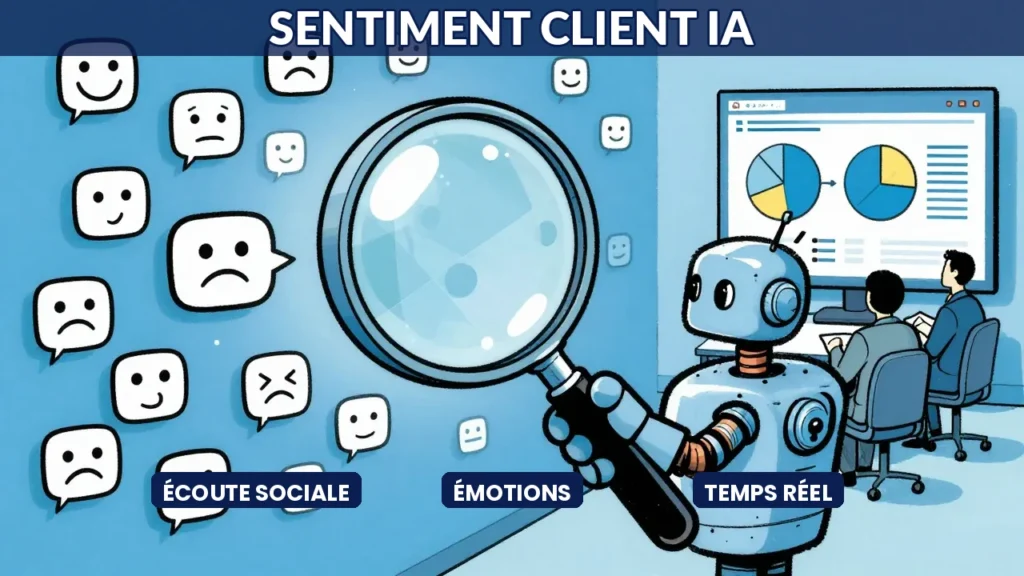 Illustration caricaturale d un robot IA scannant des bulles de réseaux sociaux avec expressions émotionnelles devant un tableau de bord marketing