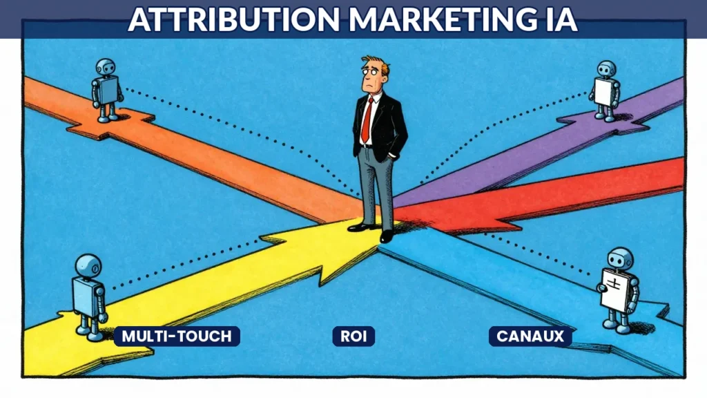 Illustration caricaturale d un directeur marketing perdu à un carrefour de canaux avec un robot IA traçant le parcours client