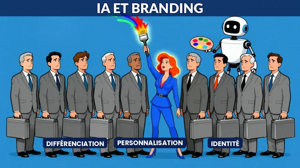 Illustration caricature d'une marque utilisant l'IA pour se différencier face à des concurrents uniformisés