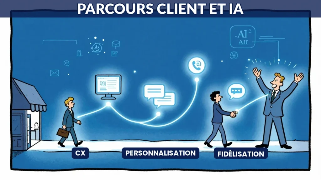 Illustration d'une chaîne fluide montrant un client en voyage à travers plusieurs points de contact (web, email, chat), orchestrée par l'IA, style caricature avec dominante bleue