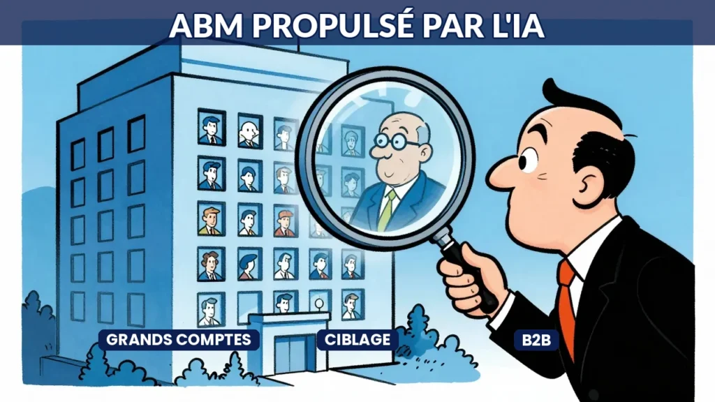 Illustration humoristique : commercial ciblant un grand compte avec une loupe IA pour personnaliser son approche ABM